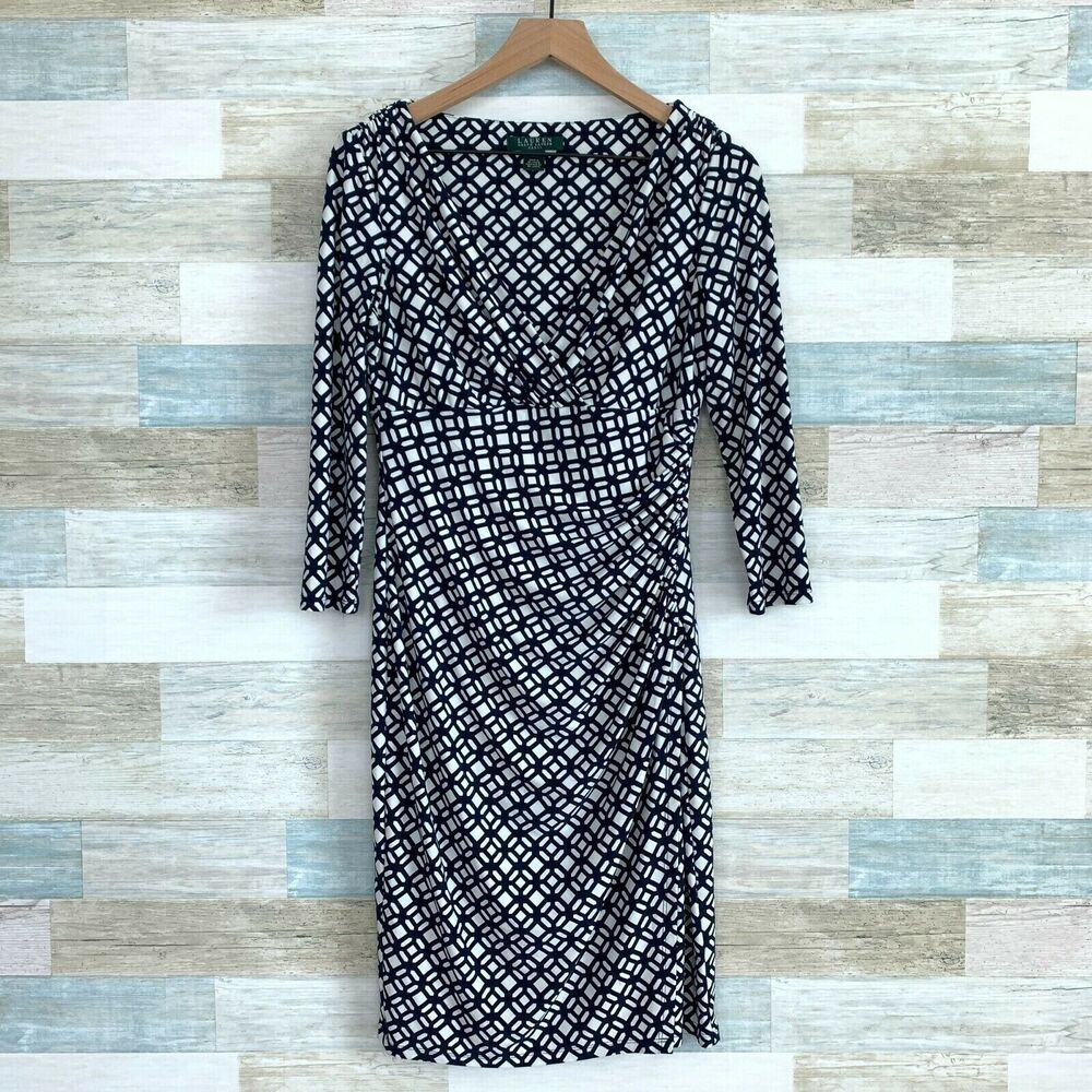 LRL Ralph Lauren Elsie Side Ruched Jersey Dress Black White Stretch Womens 6